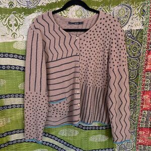 Gudrun Sjoden Brown/ Black Stripes & Dots Wool/ Alpaca Cardigan Size Extra Large